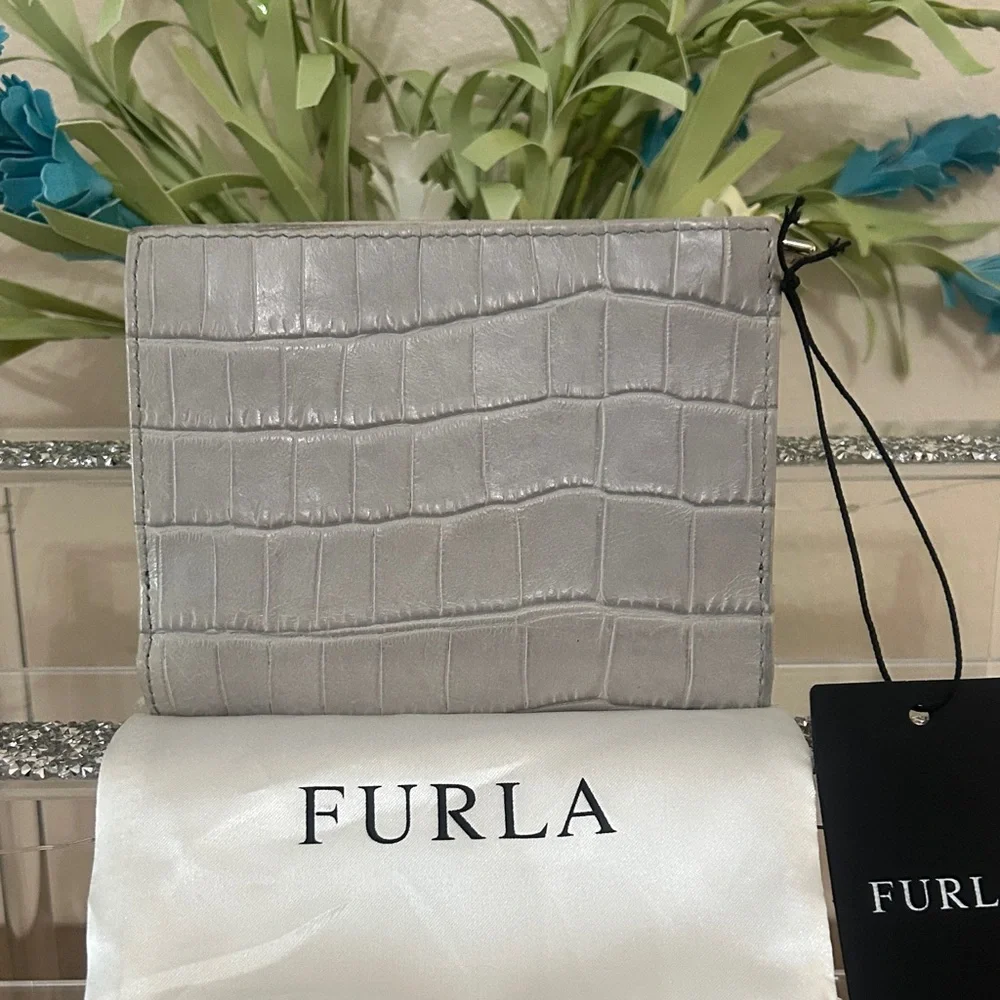 FURLA Light Gray Croc-Embossed Wallet With Dust Bag NWT